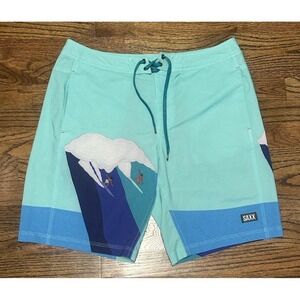 Saxx Board Shorts Blue Betawave 2N1 Boardie 19" Ballpark Pouch Swim Trunk Sz 32